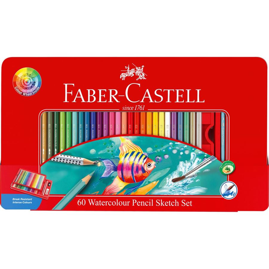 Faber-Castell - Boîte métal x 60 crayons de couleur aquarellables