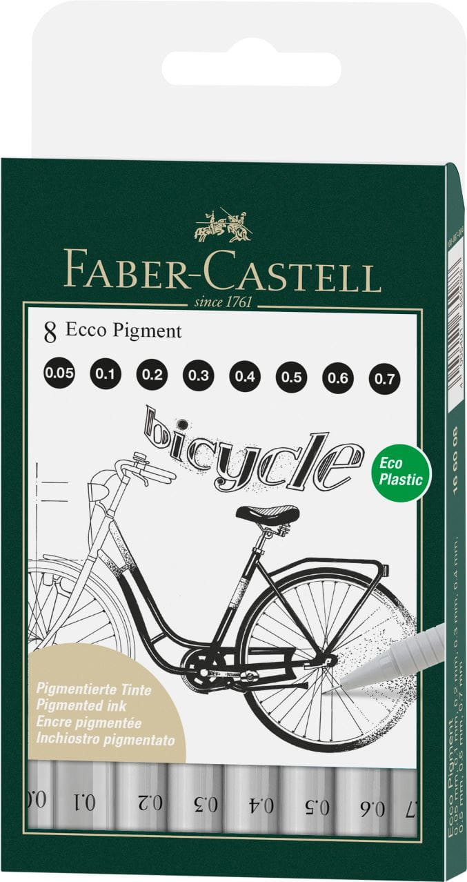 Faber-Castell - Feutres fins Ecco Pigment, boîte de 8, noir, 0.05 - 0.7