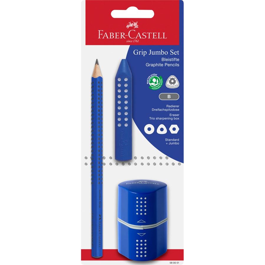 Faber-Castell - Set crayon graphite Grip Jumbo, bleu, 1 blister