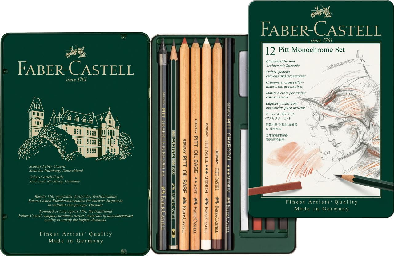 Faber-Castell - Set de crayons Pitt Monochrome, boîte métal de 12 pièces