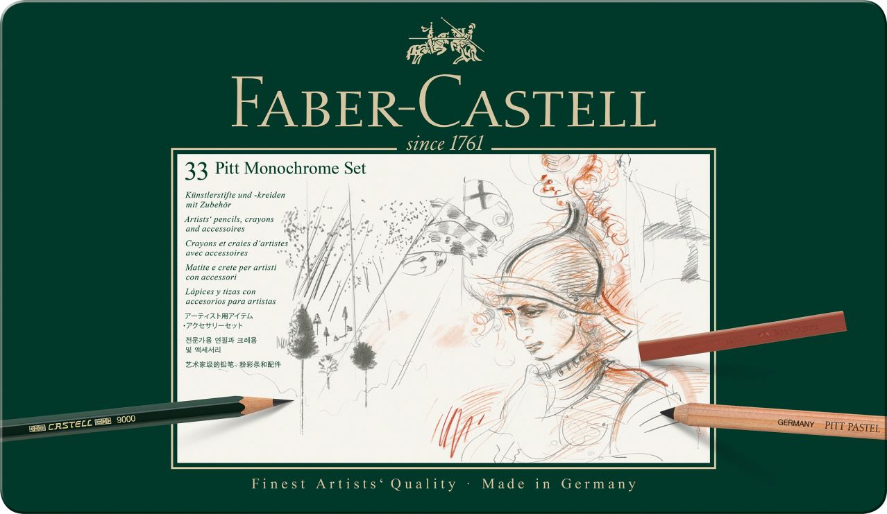 Faber-Castell - Set de crayons Pitt Monochrome, boîte métal de 33 pièces