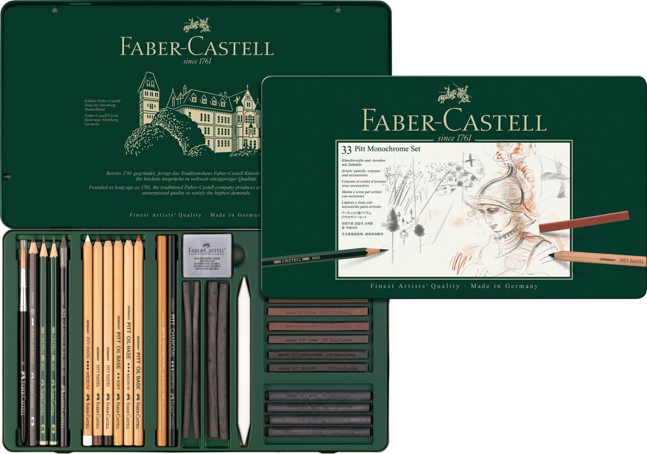 Faber-Castell - Set de crayons Pitt Monochrome, boîte métal de 33 pièces