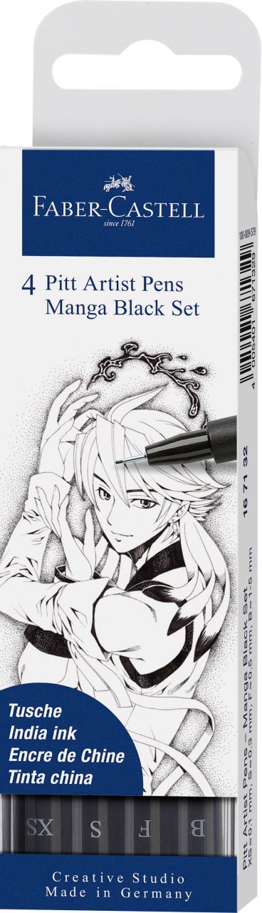 Faber-Castell - Feutre Pitt Artist Pen, boîte de 4, Manga black, XS/S/F/B