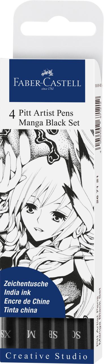 Faber-Castell - Feutres Pitt Artist Pen, boîte de 4, Manga noir XS/M/SB/SC