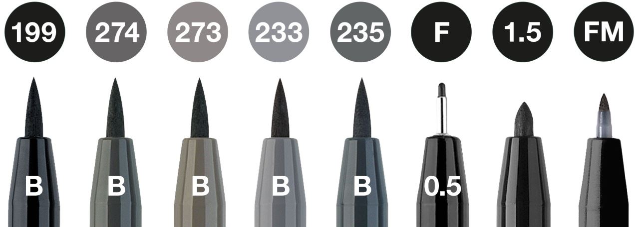 Faber-Castell - Feutre Pitt Artist Pen, boîte de 8, noir et gris