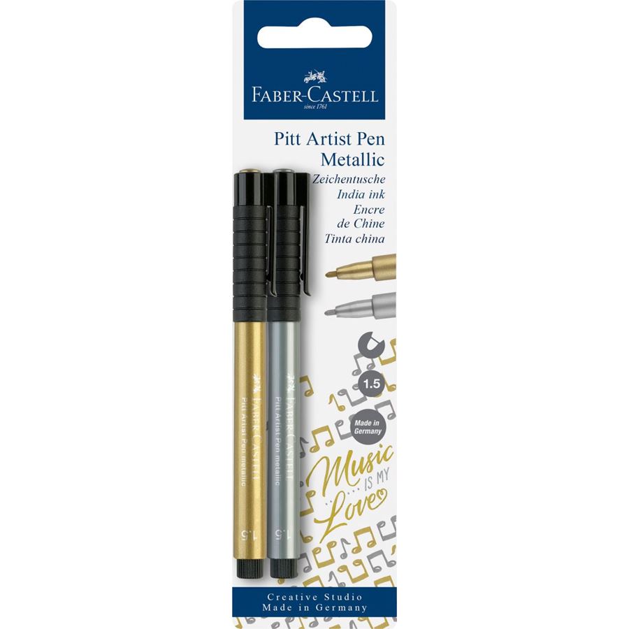 Faber-Castell - Feutre Pitt Artist Pen 1.5, blister de 2, or/argent