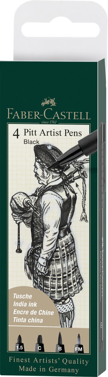Faber-Castell - Feutre Pitt Artist Pen, boîte de 4, noir, 1.5/C/B/FM