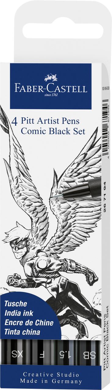 Faber-Castell - Feutres Pitt Artist Pen, boîte de 4, Comic noir XS/F/1.5/SB