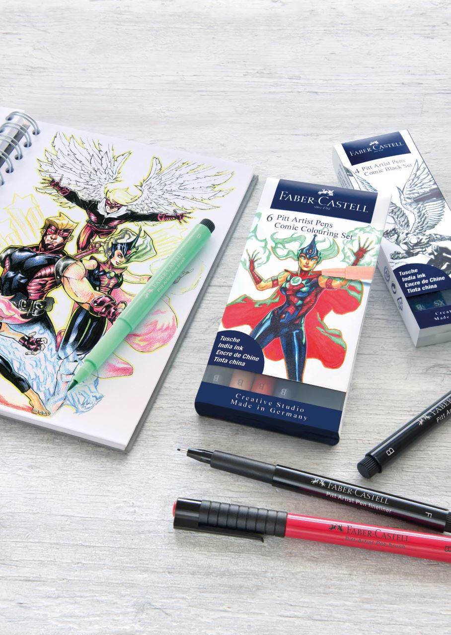 Faber-Castell - Feutres Pitt Artist Pen, boîte de 6, Comic couleurs