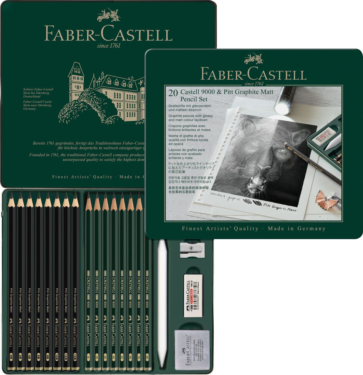 Faber-Castell - Crayons Pitt Graphite Matt et Castell 9000, boîte métal